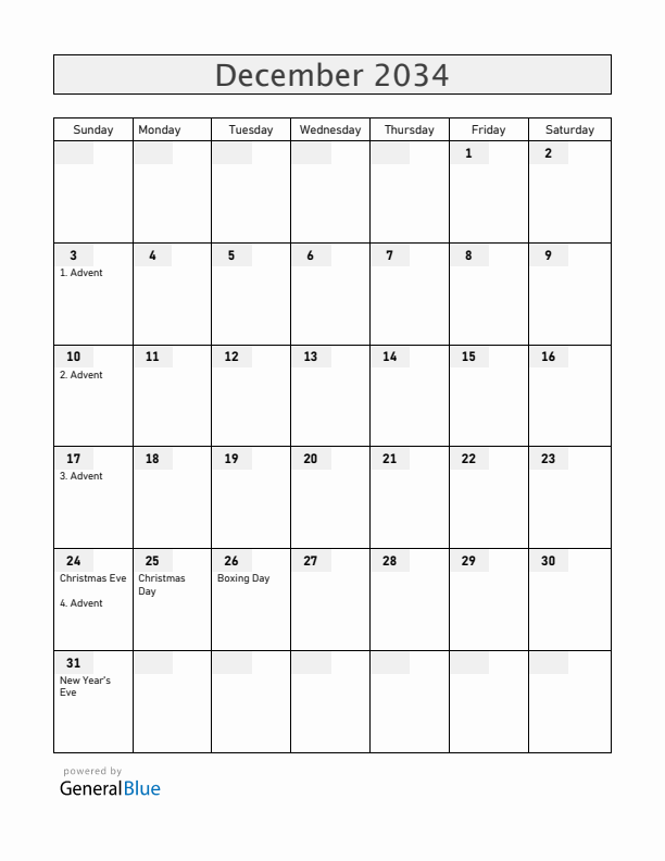 Germany December 2034 Calendar with Holidays