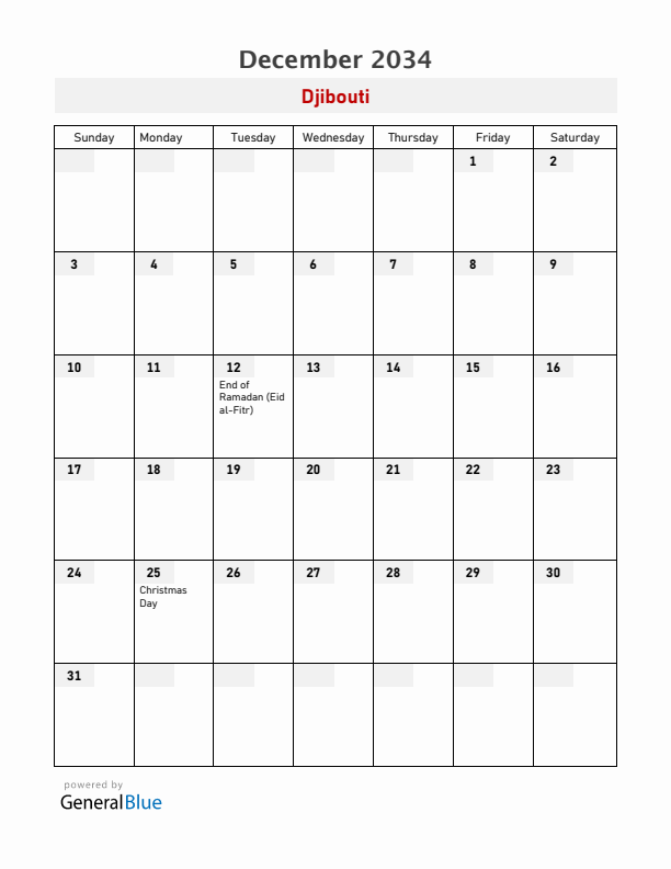 Djibouti December 2034 Calendar with Holidays