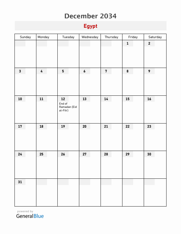 Egypt December 2034 Calendar with Holidays