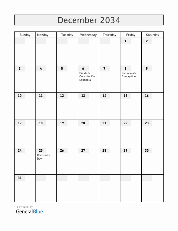 Spain December 2034 Calendar with Holidays