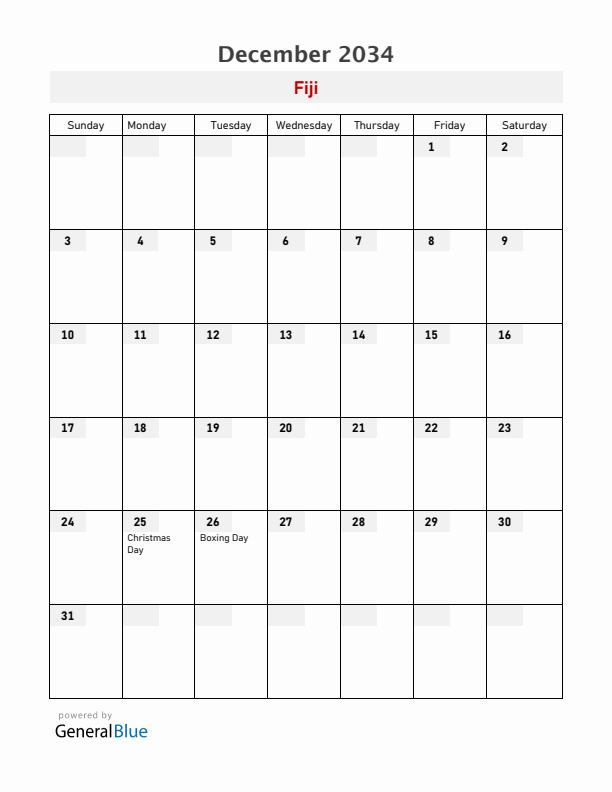 Fiji December 2034 Calendar with Holidays