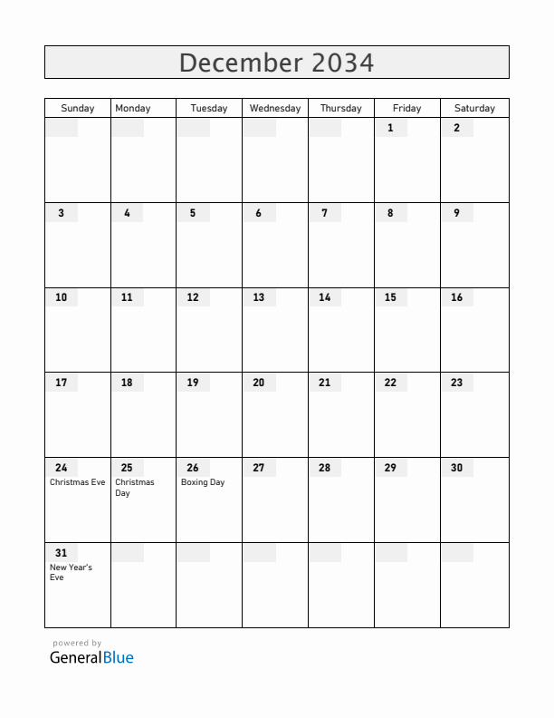 Faroe Islands December 2034 Calendar with Holidays