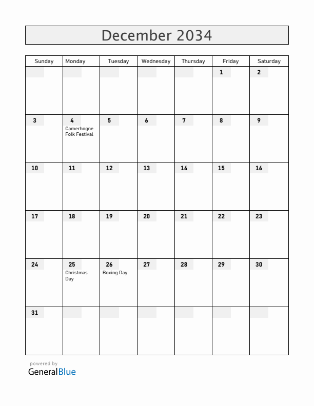 Grenada December 2034 Calendar with Holidays