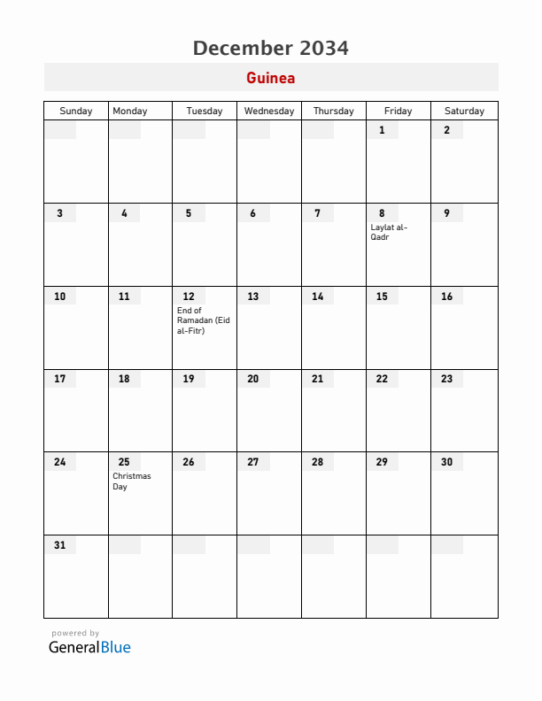 Guinea December 2034 Calendar with Holidays
