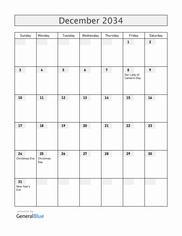 Guam December 2034 Calendar with Holidays