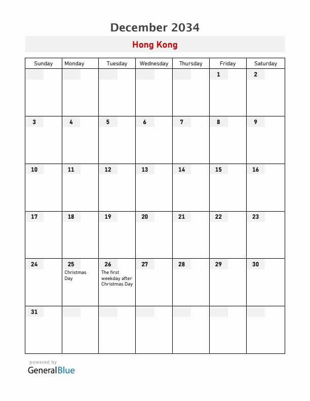 Hong Kong December 2034 Calendar with Holidays