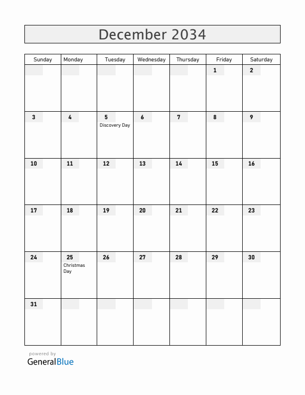 Haiti December 2034 Calendar with Holidays