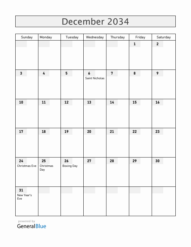 Hungary December 2034 Calendar with Holidays