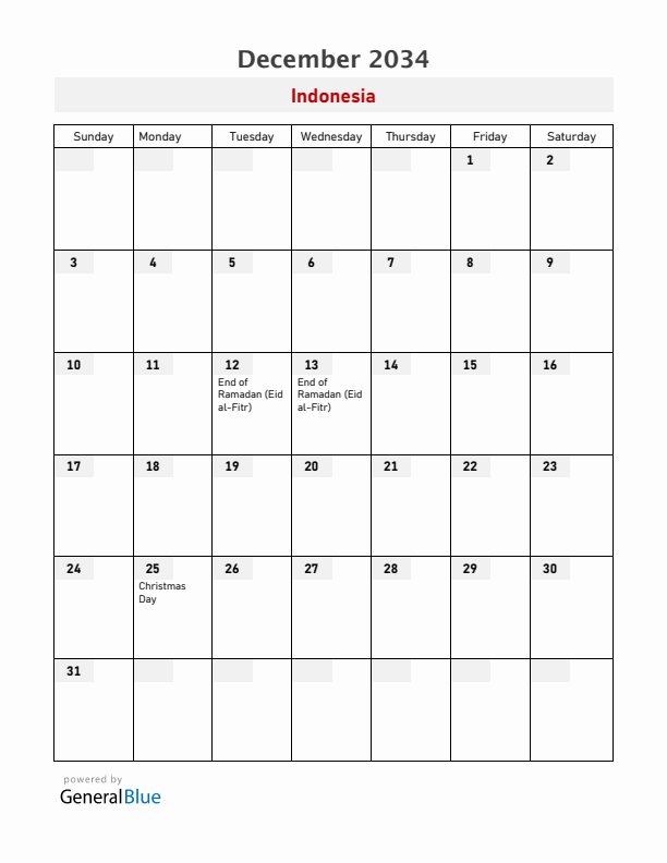 Indonesia December 2034 Calendar with Holidays