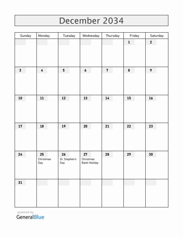 Ireland December 2034 Calendar with Holidays