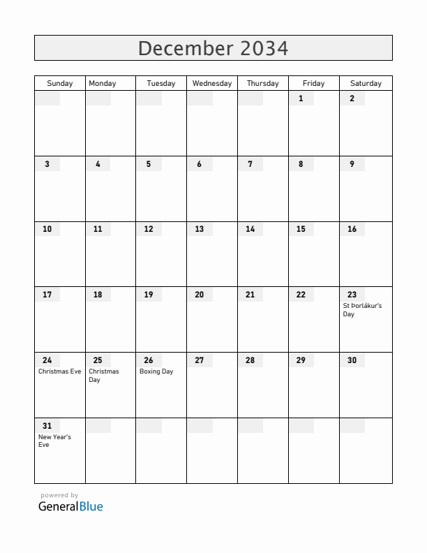 Iceland December 2034 Calendar with Holidays