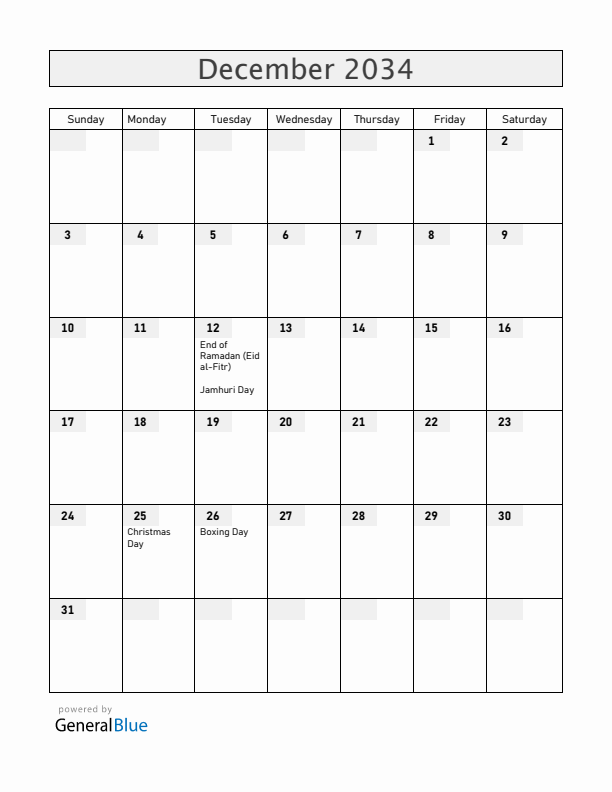 Kenya December 2034 Calendar with Holidays