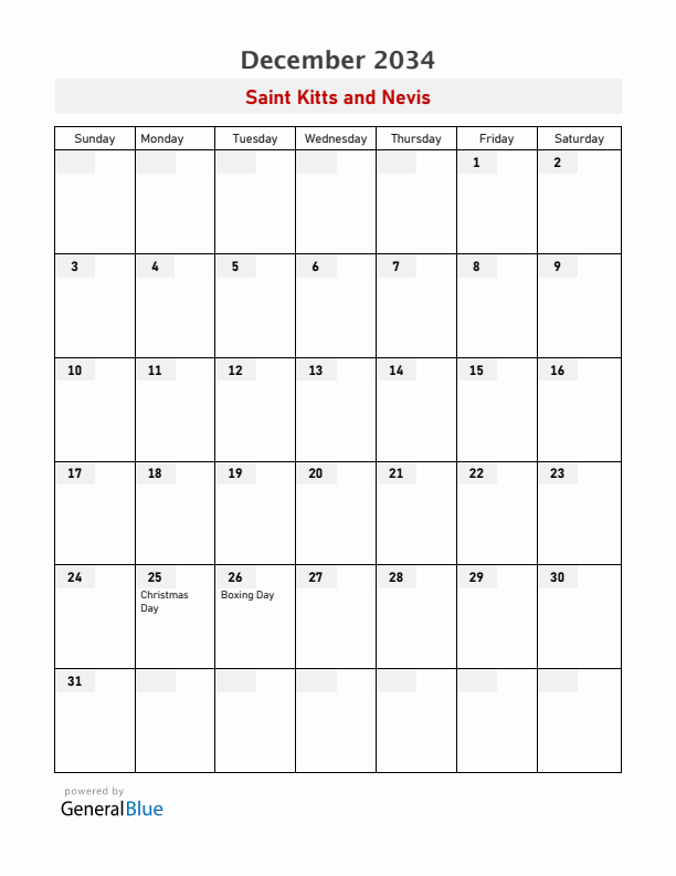 Saint Kitts and Nevis December 2034 Calendar with Holidays