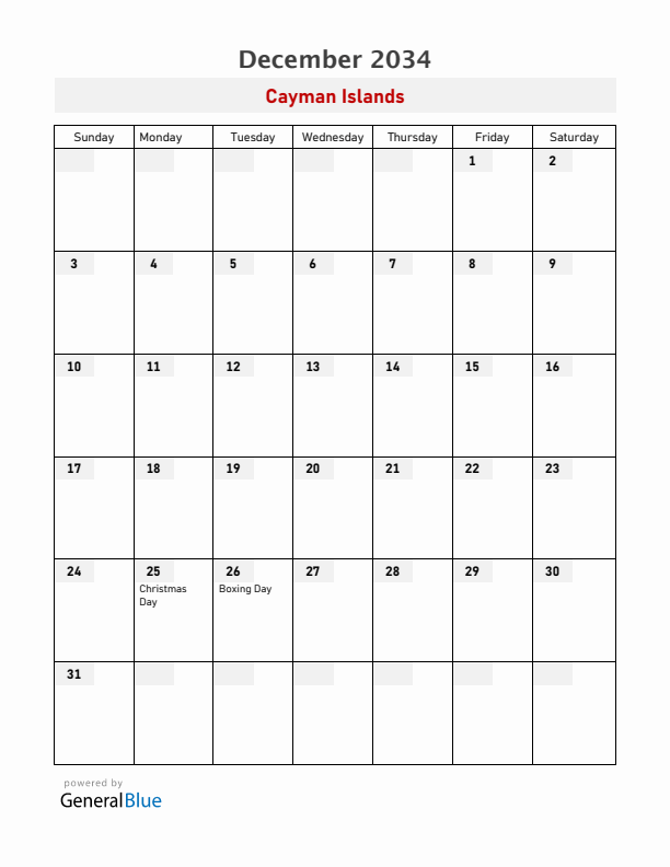 Cayman Islands December 2034 Calendar with Holidays