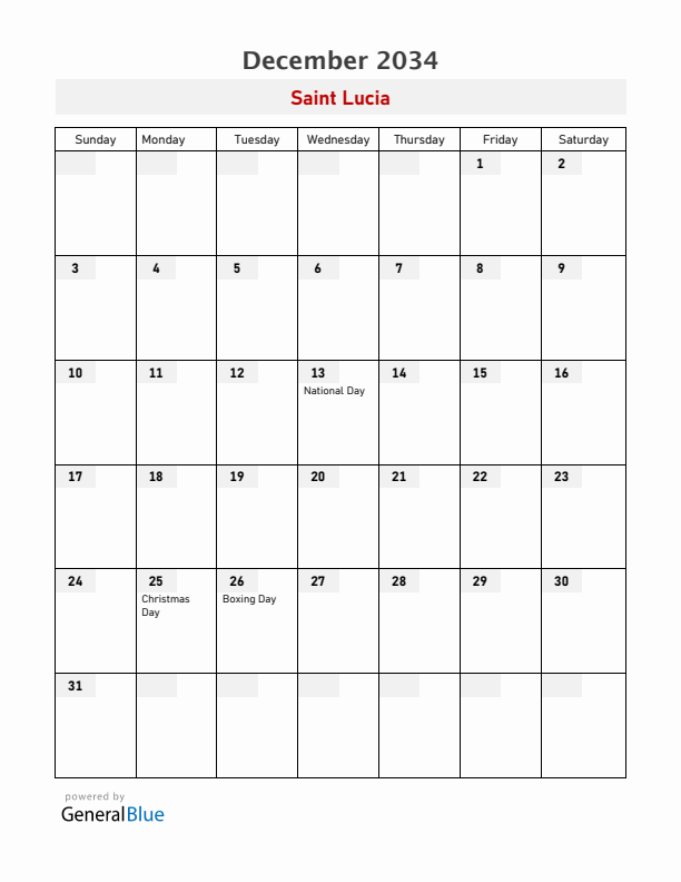 Saint Lucia December 2034 Calendar with Holidays