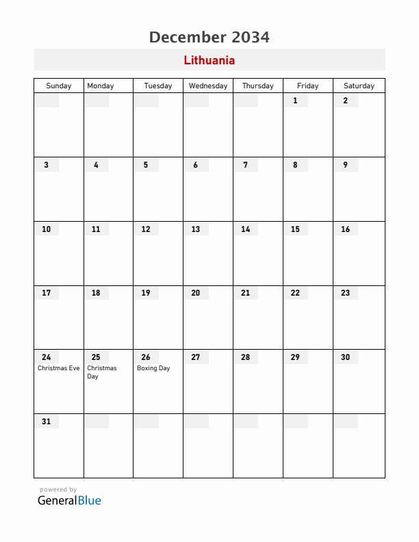 Lithuania December 2034 Calendar with Holidays