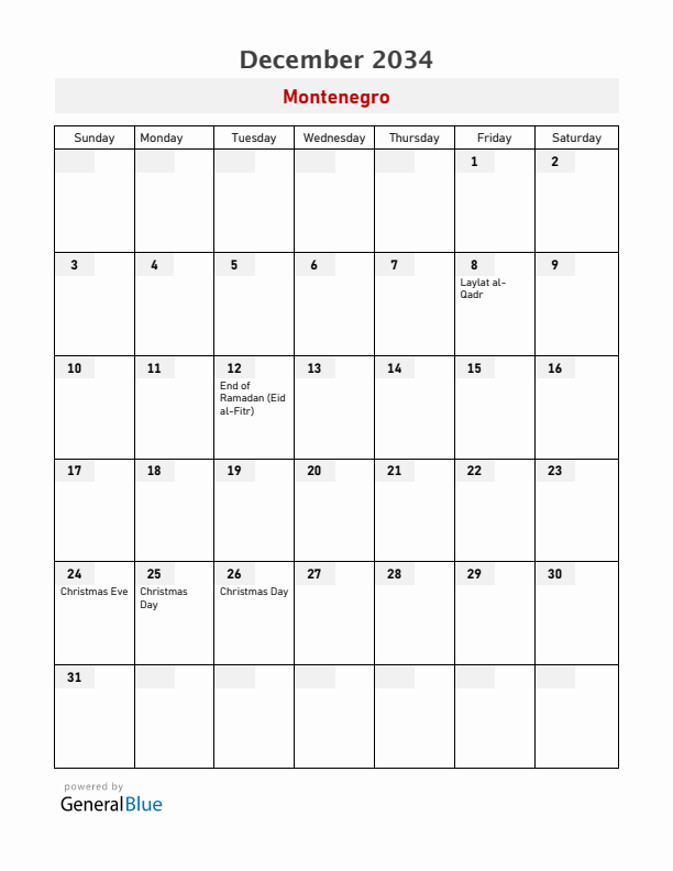 Montenegro December 2034 Calendar with Holidays