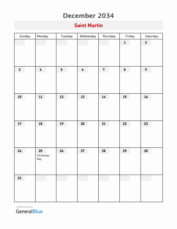 Saint Martin December 2034 Calendar with Holidays