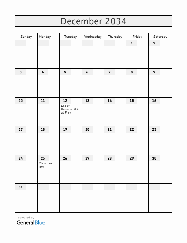 Madagascar December 2034 Calendar with Holidays