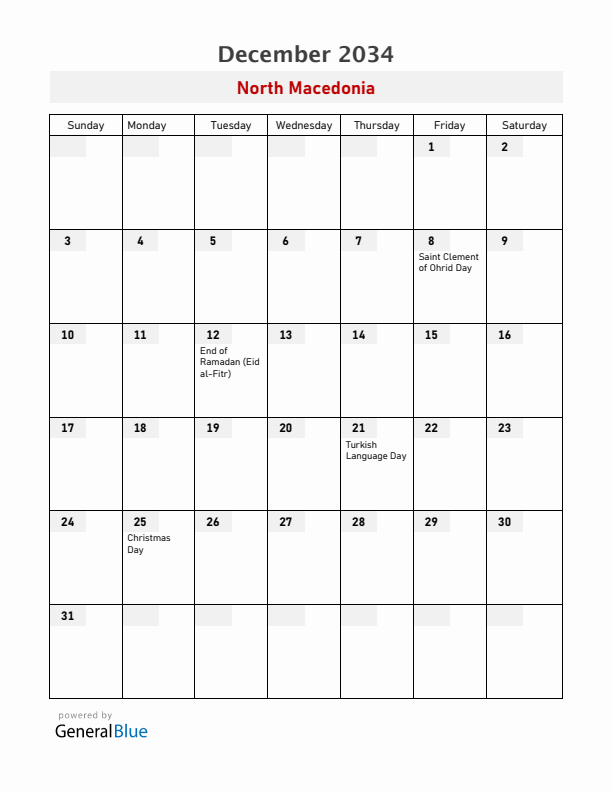 North Macedonia December 2034 Calendar with Holidays