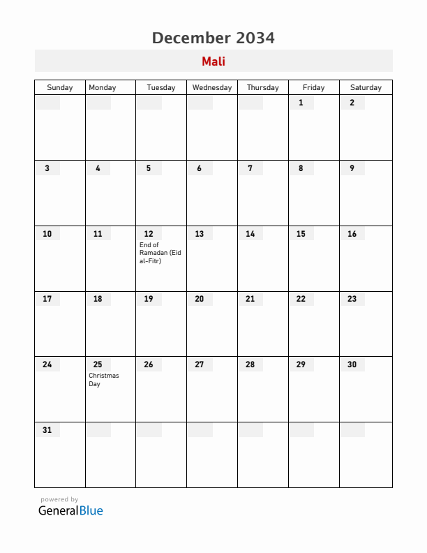 Mali December 2034 Calendar with Holidays