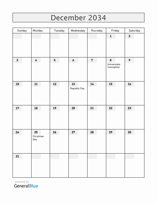 Malta December 2034 Calendar with Holidays