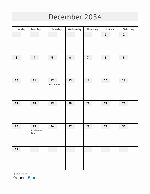Malawi December 2034 Calendar with Holidays