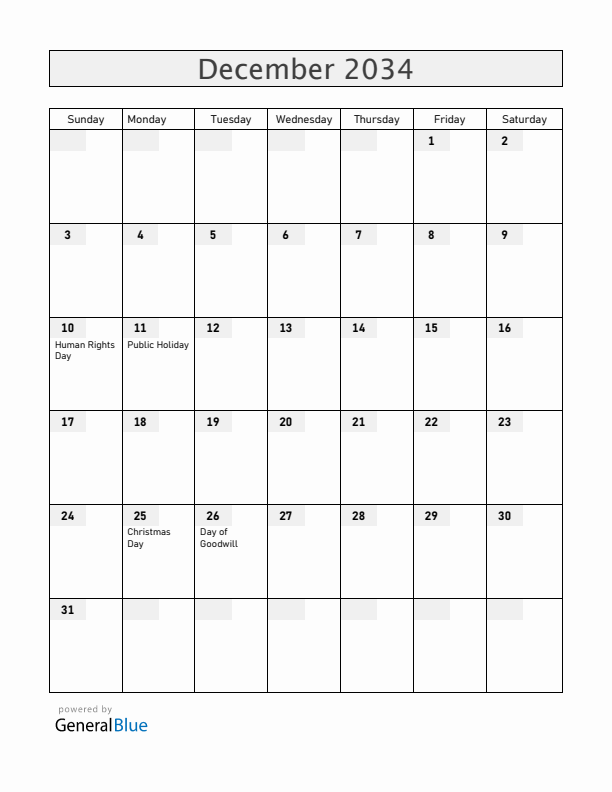 Namibia December 2034 Calendar with Holidays