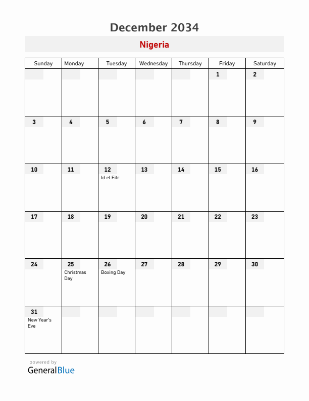 Nigeria December 2034 Calendar with Holidays