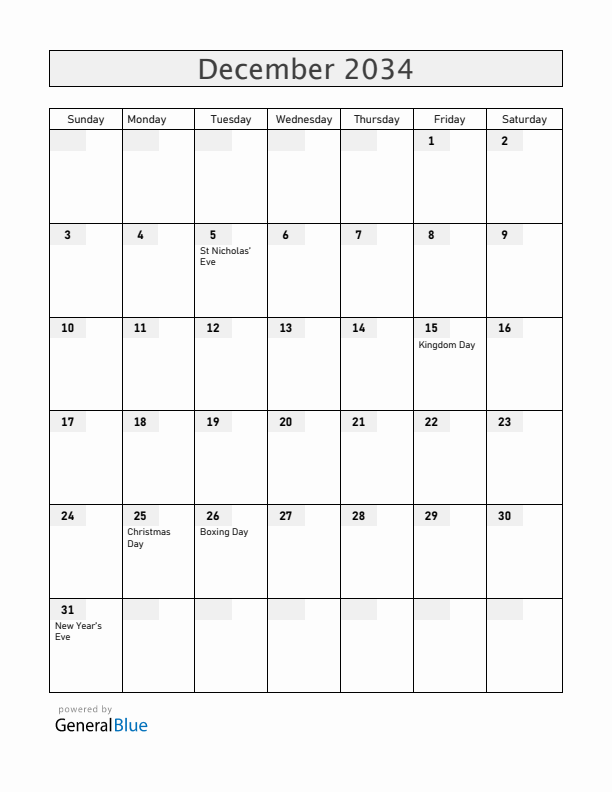 The Netherlands December 2034 Calendar with Holidays