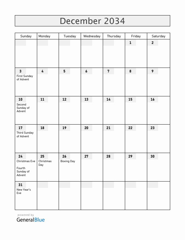 Norway December 2034 Calendar with Holidays