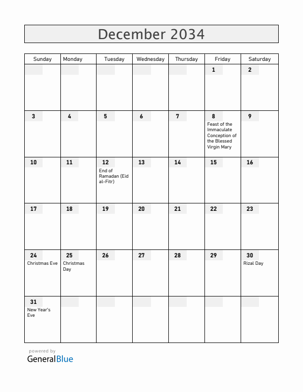 Philippines December 2034 Calendar with Holidays