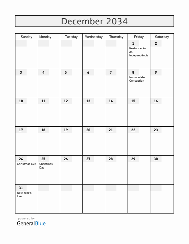 Portugal December 2034 Calendar with Holidays