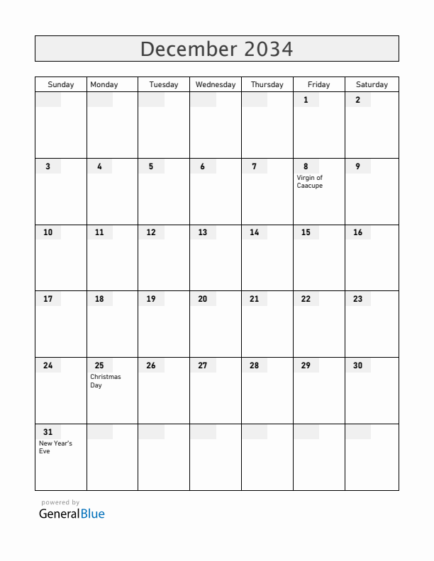 Paraguay December 2034 Calendar with Holidays