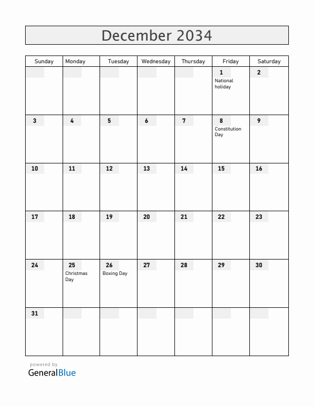 Romania December 2034 Calendar with Holidays