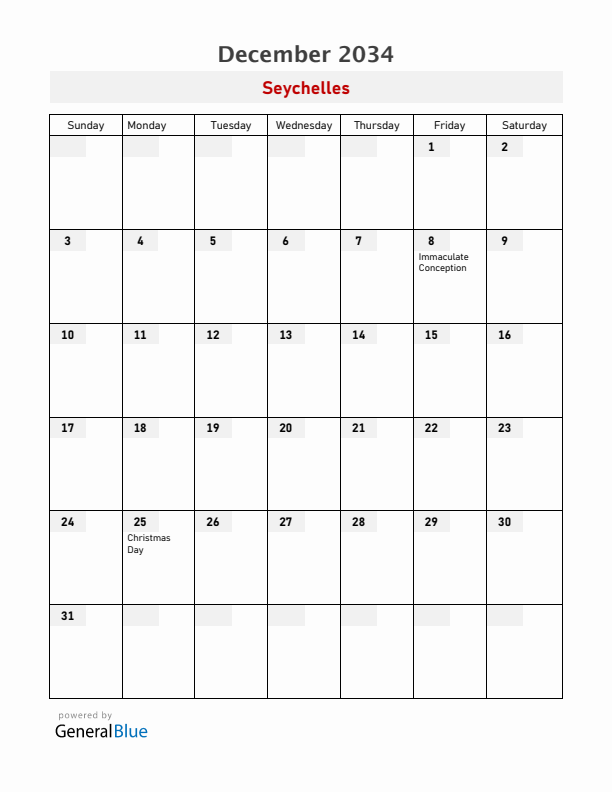 Seychelles December 2034 Calendar with Holidays