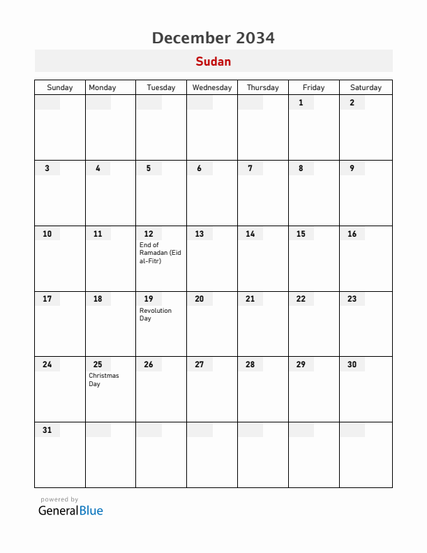 Sudan December 2034 Calendar with Holidays