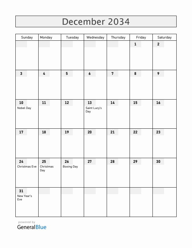 Sweden December 2034 Calendar with Holidays