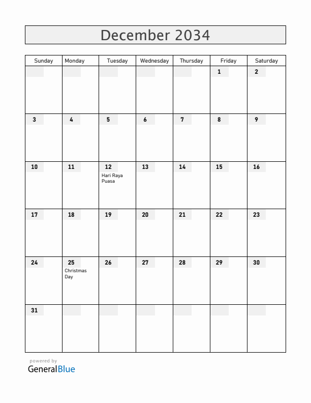 Singapore December 2034 Calendar with Holidays