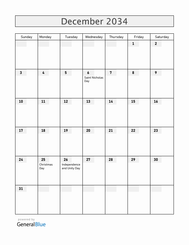 Slovenia December 2034 Calendar with Holidays