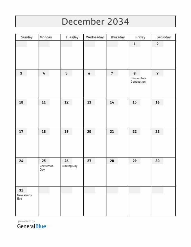 San Marino December 2034 Calendar with Holidays
