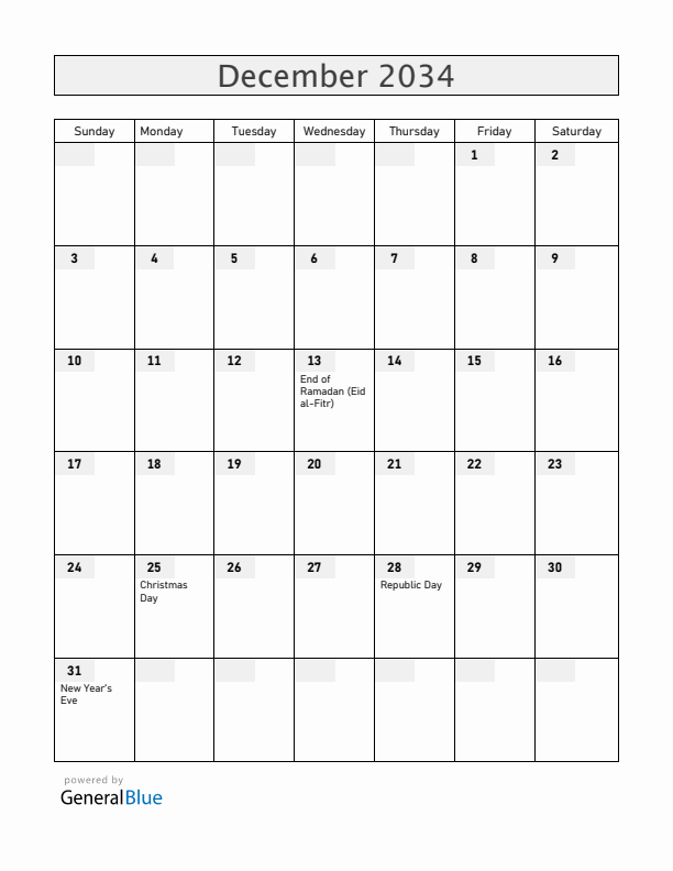 South Sudan December 2034 Calendar with Holidays