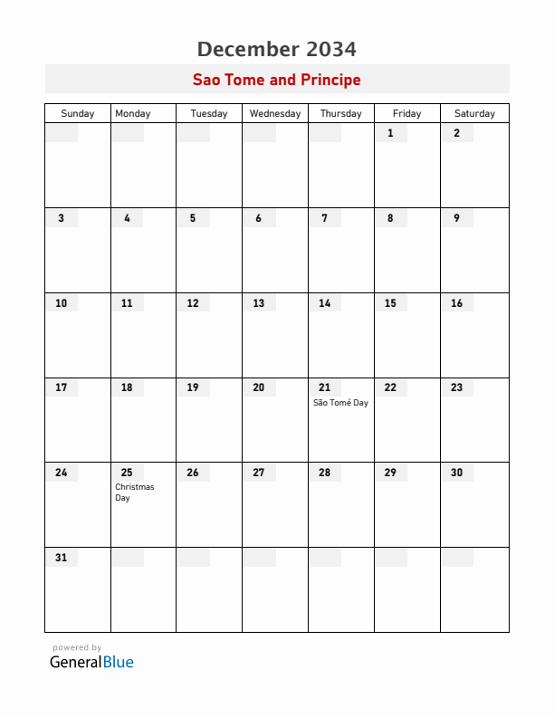 Sao Tome and Principe December 2034 Calendar with Holidays