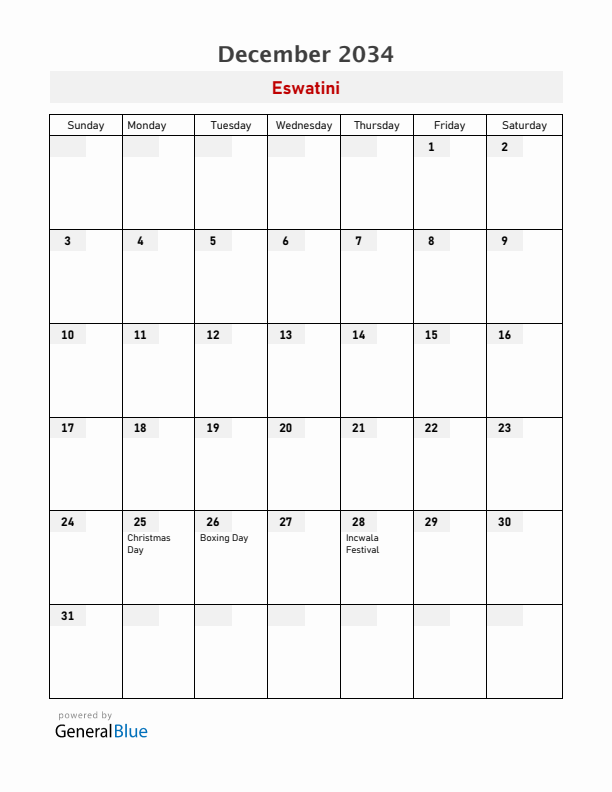 Eswatini December 2034 Calendar with Holidays