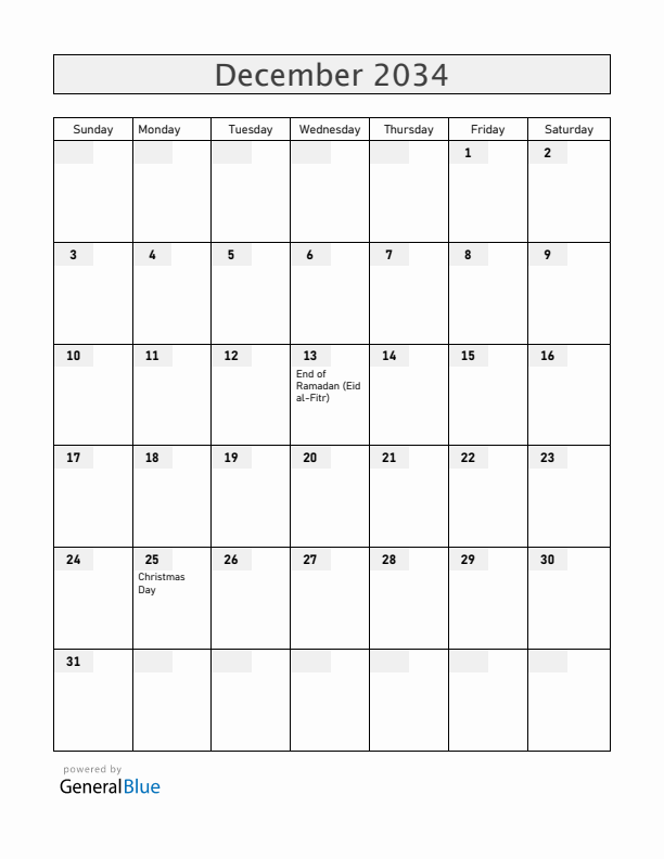 Togo December 2034 Calendar with Holidays
