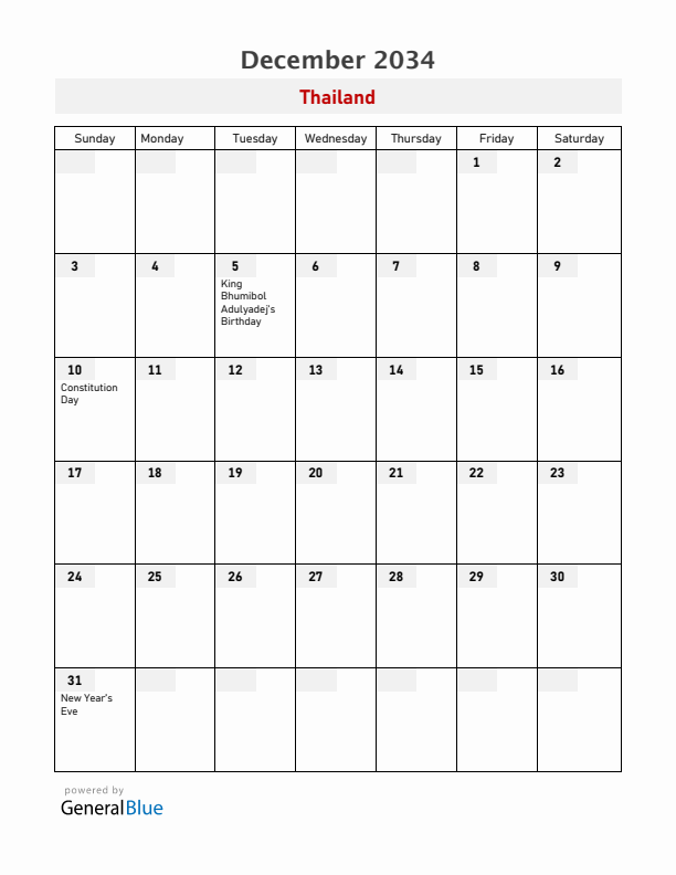 Thailand December 2034 Calendar with Holidays