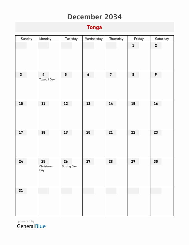 Tonga December 2034 Calendar with Holidays