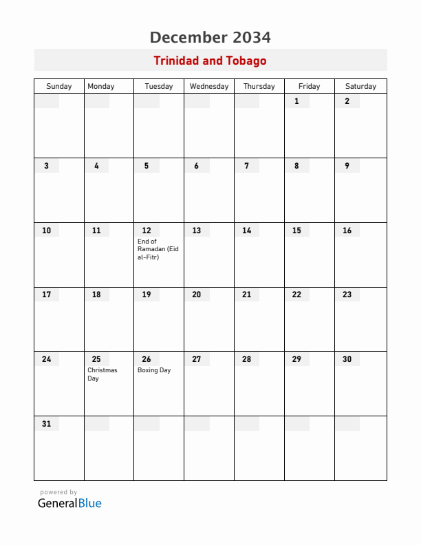 Trinidad and Tobago December 2034 Calendar with Holidays