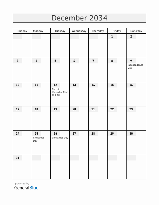 Tanzania December 2034 Calendar with Holidays