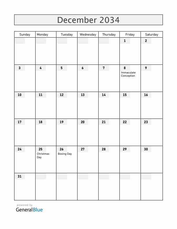 Vatican December 2034 Calendar with Holidays